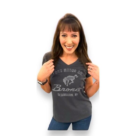 Ford Bronco Women's Vintage Logo Distressed Charcoal Grey V-Neck T-Shirt Medium - Picture 2 of 10